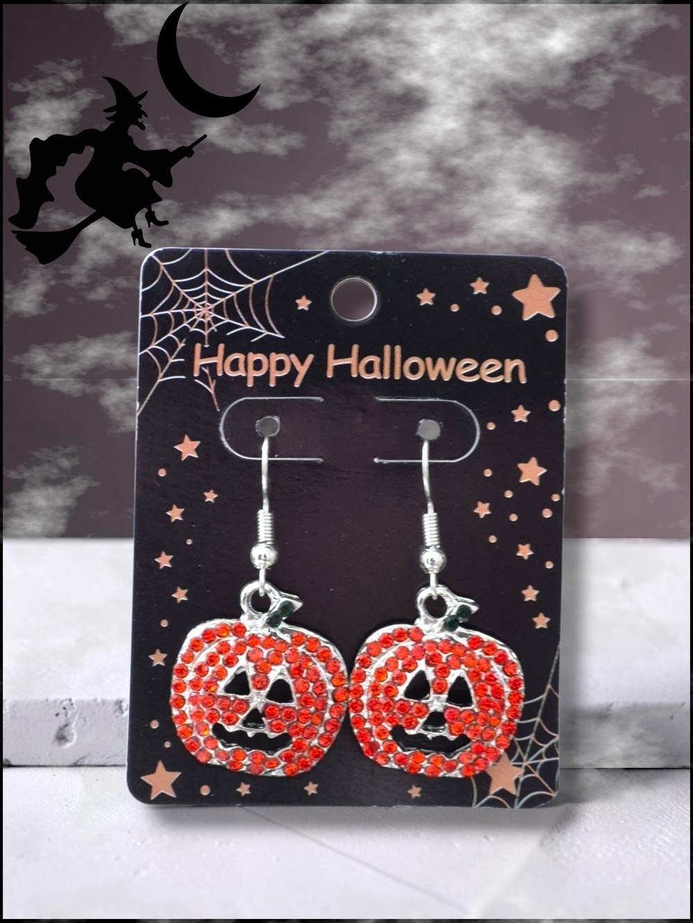 Halloween Jack-O'-Lantern Silver & Crystal Earrings